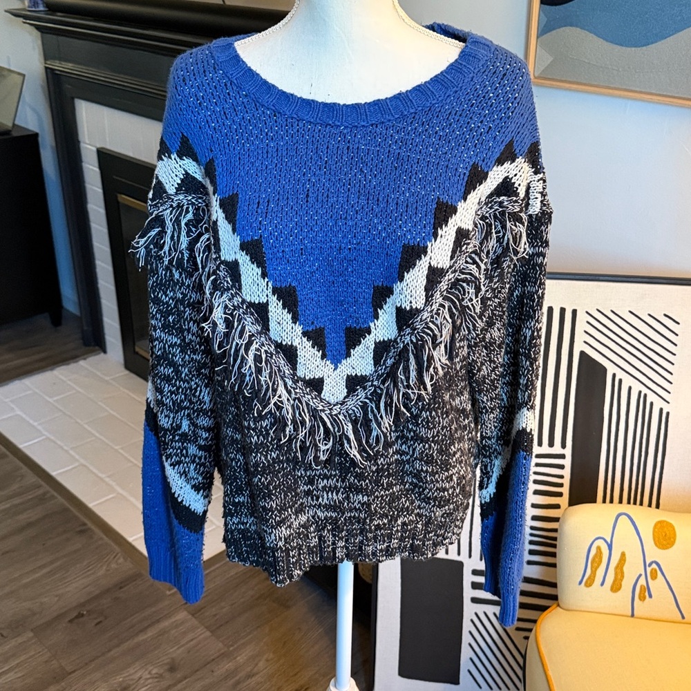 Anthropologie Blue and Black Chevron Fringed Sweater